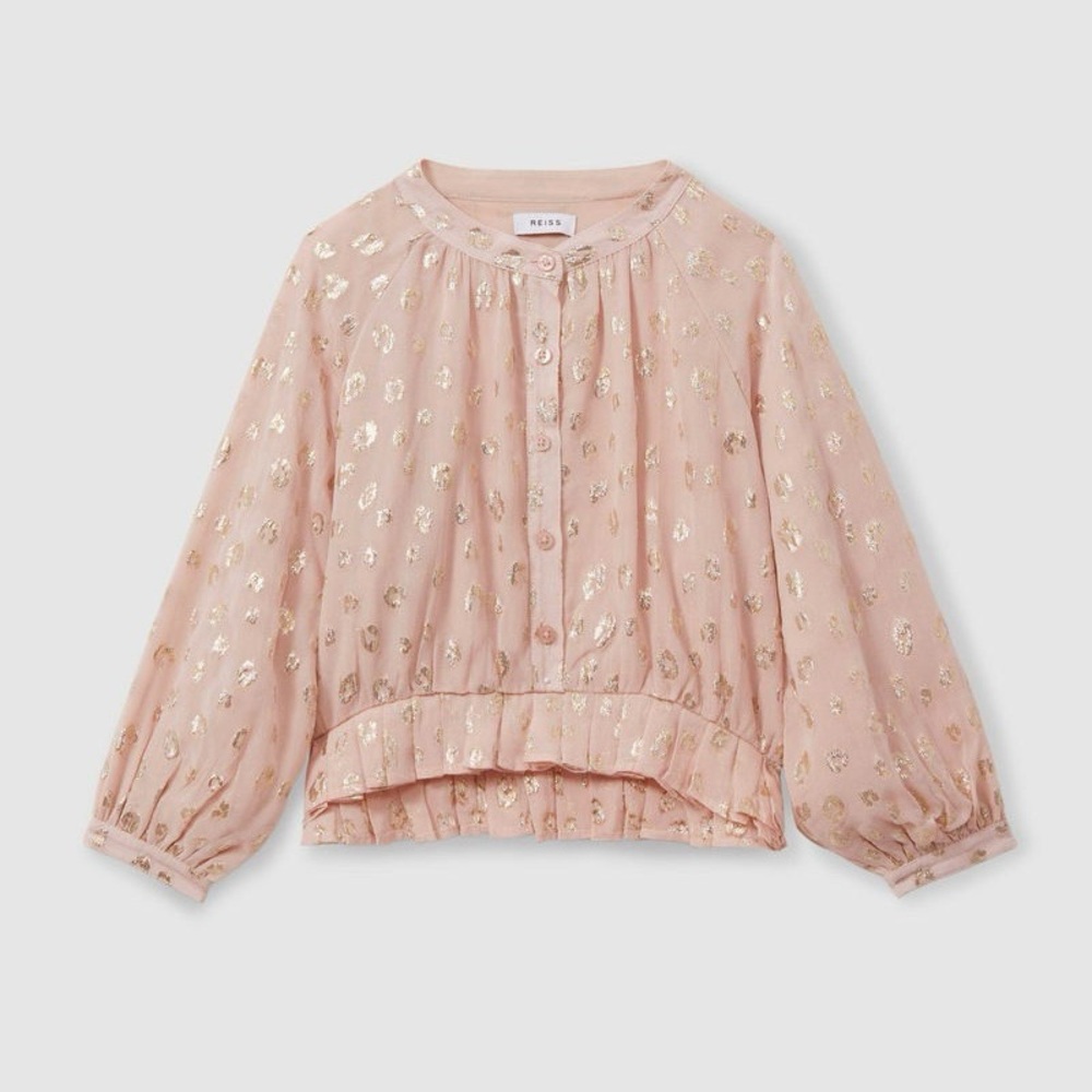 NWT Reiss Metallic Print Puff Sleeve Ruffle Top Girls Size 10-11Y New with Tags
